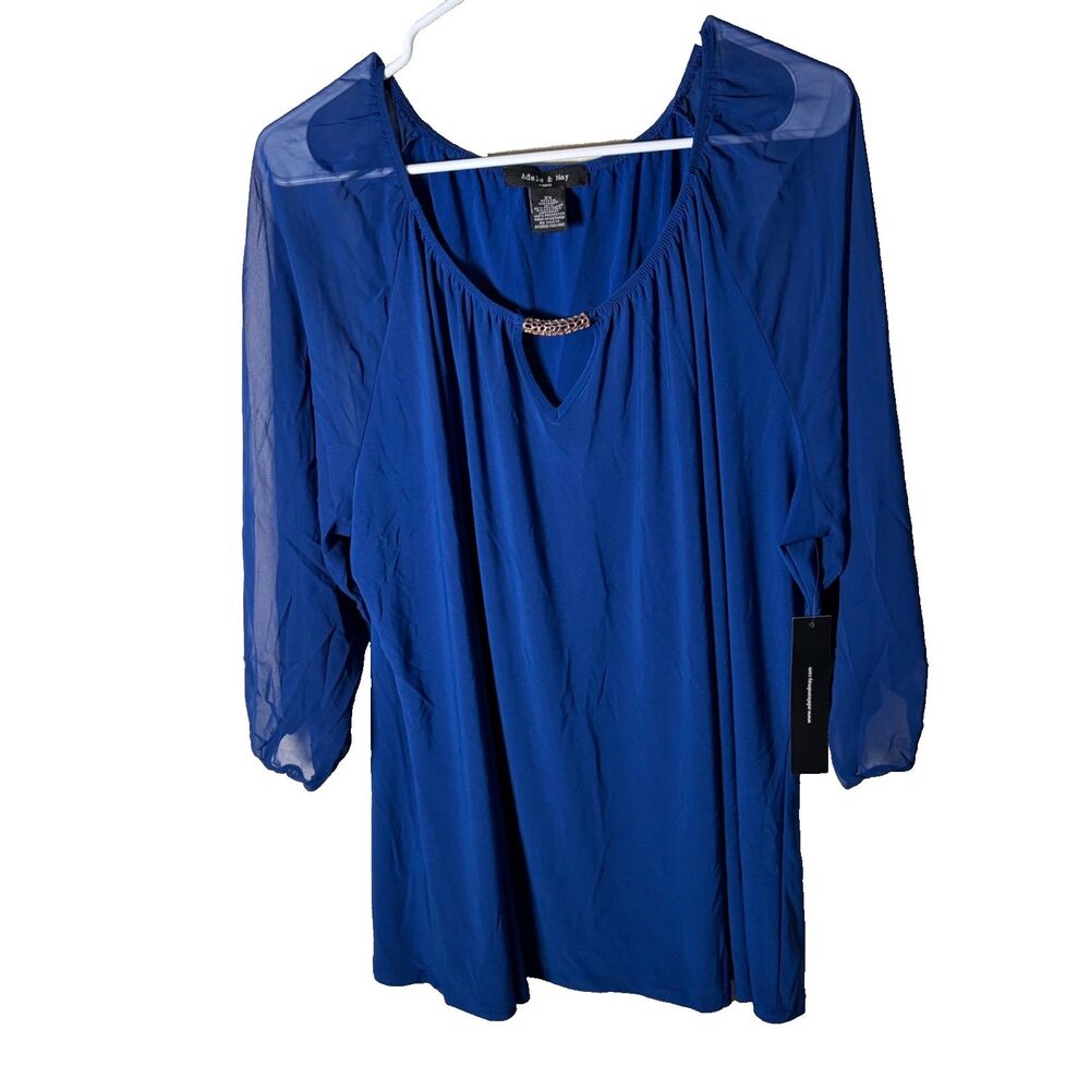 Adele & May Blouse Women's 2X Blue Sheer Keyhole 3/4 Sleeve Shirt Top Career